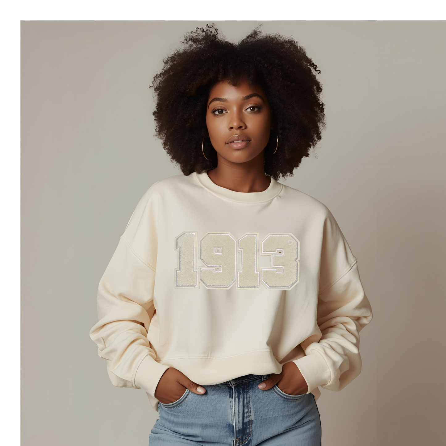 Delta Sigma Theta - Chenille Patch Cream on Cream Sweatshirt - 1913
