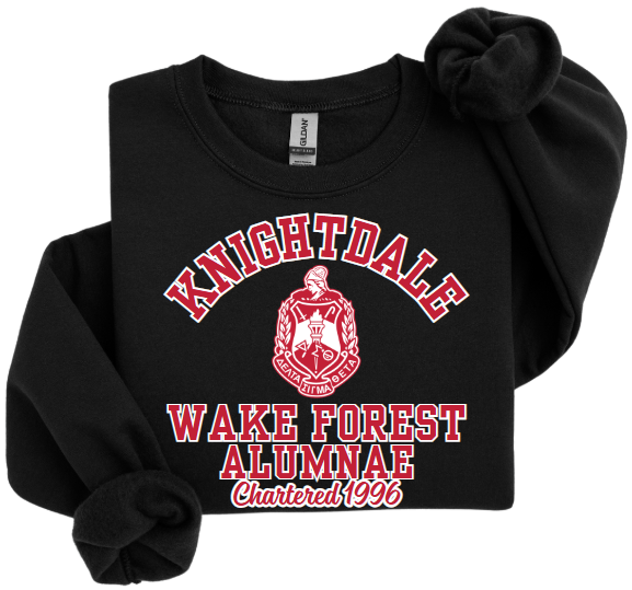 A collection of unisex sweatshirts in black, white and red colors, featuring the text 'Knightdale Wake Forest Alumnae' and the logo of Delta Sigma Theta Sorority, Inc.
