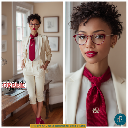 Woman wearing a cream suit with a red tie and glasses, standing in a room. WEARING A pearl-encrusted pin featuring the DST Greek letters and the RAC symbol.