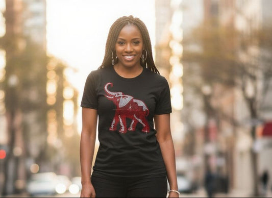 rhinestone design of an elephant on black tee