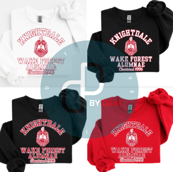 A collection of unisex sweatshirts in black, white, and red colors, featuring the text 'Knightdale Wake Forest Alumnae' and the logo of Delta Sigma Theta Sorority, Inc.