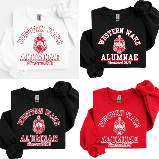A collection of four sweatshirts in black, white, and red colors with the text 'Western Wake Alumnae' and a graphic emblem on the front.