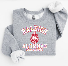 Gray Raleigh Alumnae sweatshirt with red and white lettering, Delta Sigma Theta licensed vendor"