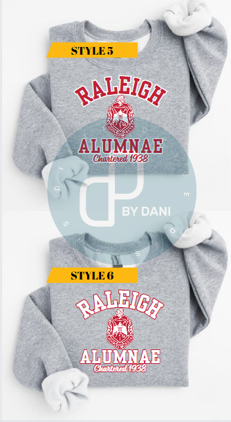 Gray Raleigh Alumnae sweatshirt with red and white lettering, Delta Sigma Theta licensed vendor"