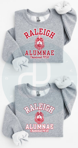 Gray Raleigh Alumnae sweatshirt with red and white lettering, Delta Sigma Theta licensed vendor"