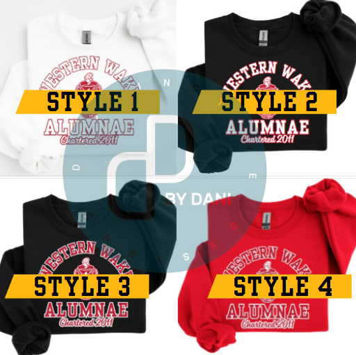 A collection of four sweatshirts in black, white, and red colors with the text 'Western Wake Alumnae' and a graphic emblem on the front.
