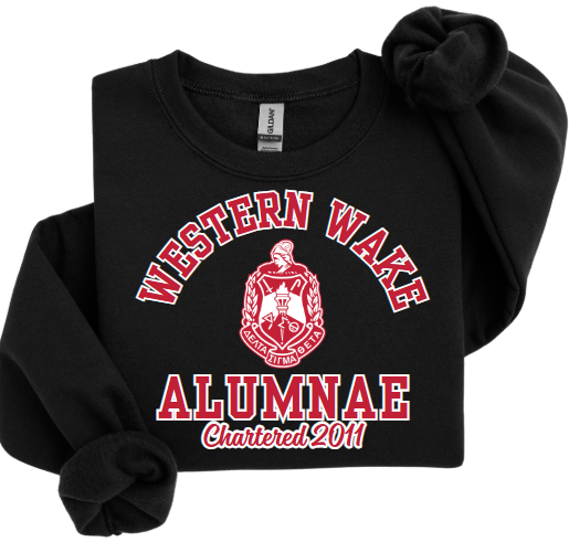 A collection of four sweatshirts in black, white, and red colors with the text 'Western Wake Alumnae' and a graphic emblem on the front.