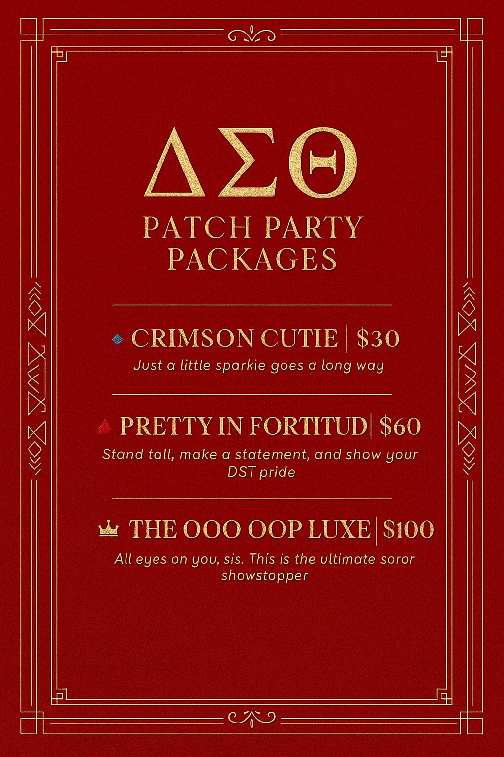 Advertisement for Delta Sigma Theta patch party packages on a red background with gold text.