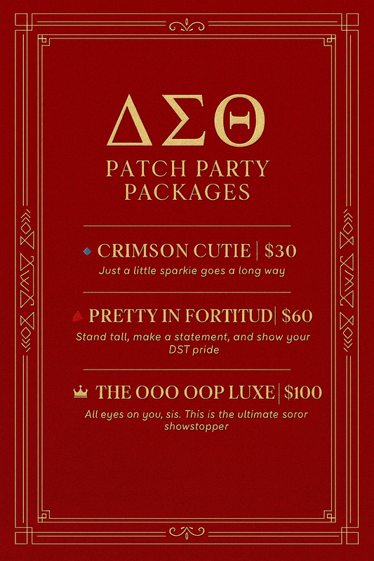 Advertisement for Delta Sigma Theta patch party packages on a red background with gold text.