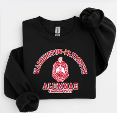 Black Washington-Plymouth Alumnae sweatshirt with red and white lettering and Delta Sigma Theta crest, chartered 1980
