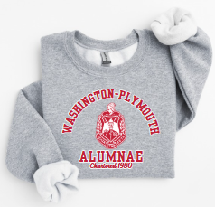 Gray Washington-Plymouth Alumnae sweatshirt with red and white lettering and Delta Sigma Theta crest, chartered 1980
