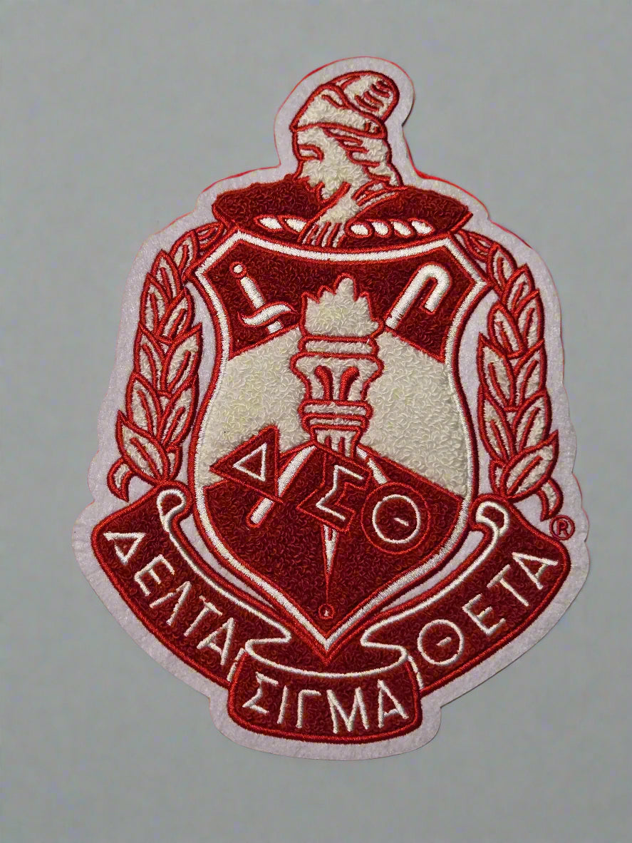 Red and white emblem with text on a light background