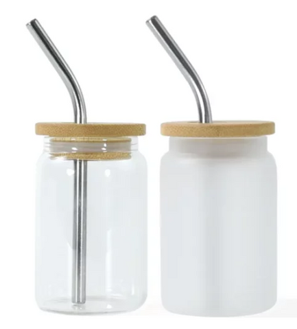 3.5 oz Mini Libbey Glass Can w/ Bamboo Lid & Straw