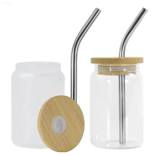3.5 oz Mini Libbey Glass Can w/ Bamboo Lid & Straw