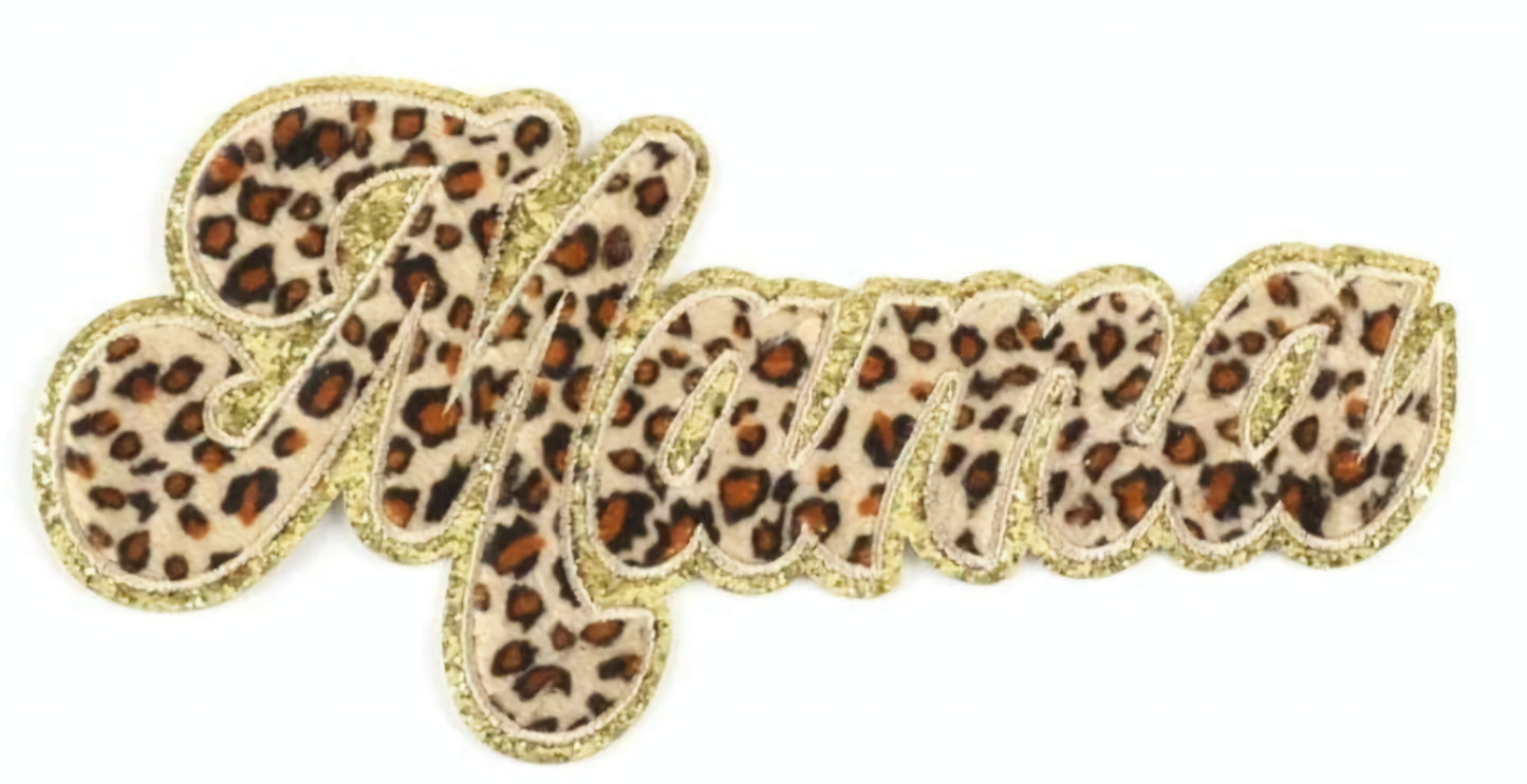 Cheetah Print MAMA Chenille Iron-On Patch (W/ Gold Border)