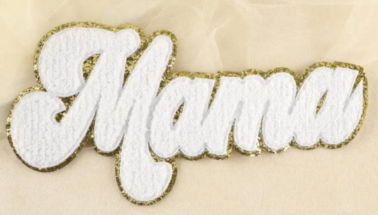 White MAMA Chenille Iron-On Patch