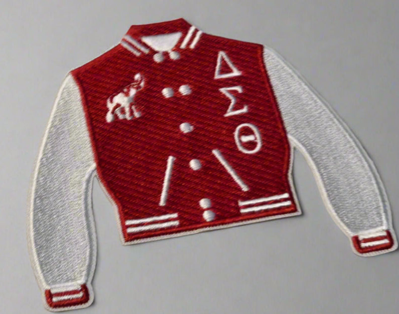 Red and gray varsity jacket patch on a light gray background