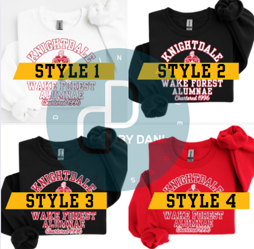 A collection of unisex sweatshirts in black, white, and red colors, featuring the text 'Knightdale Wake Forest Alumnae' and the logo of Delta Sigma Theta Sorority, Inc.