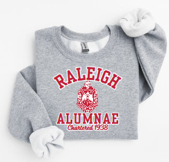 Gray Raleigh Alumnae sweatshirt with red and white lettering, Delta Sigma Theta licensed vendor"